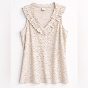 Cabi Polka Dot Ruffle Sleeveless Blouse Cream Black V Neck Size L